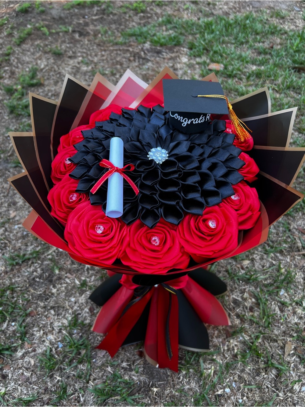 Graduation Rose Bouquet with Black Ribbon Accent - Red & Black